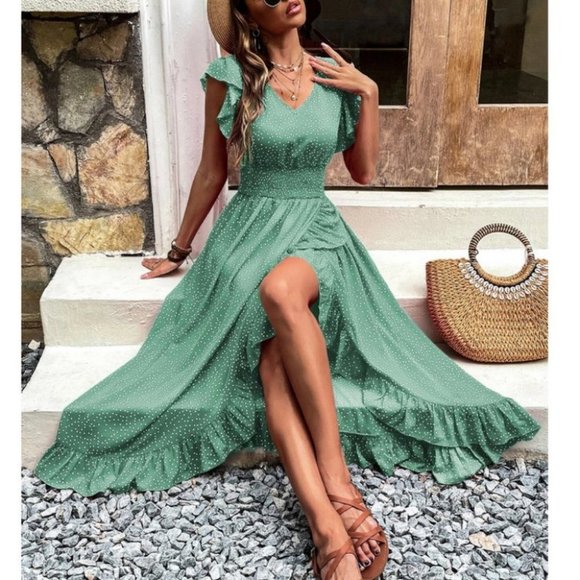 Green Polka Dot Print Butterfly Sleeved Shirred Ruffle Trim Wrap Hem Dress - Picture 4 of 7